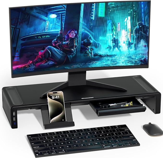 OImaster Adjustable Monitor Stand Riser with Drawer - Foldable Computer Stand for Desk, Desktop Organizer with Phone Holder & Pen Slot, Space Saving Laptop Riser for Home Office, Black by Olmaster