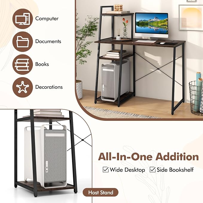 Giantex Computer Desk with Shelves, 47.5” Home Office Desk with Bookshelf, Host Stand, Metal Frame, PC Laptop Workstation, Modern Study Writing Desk for Bedroom, Small Space (Rustic Brown & Black) - Image 4