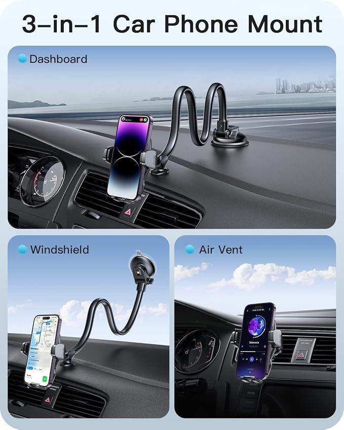 APPS2Car 13" Gooseneck Phone Mount for Car Windshield Dashboard Vent, Cell Phone Holder for Car Truck with Strong Suction Cup, Anti-Shake Stabilizer, One-Hand Operation, Fits Most Smartphones - Image 7