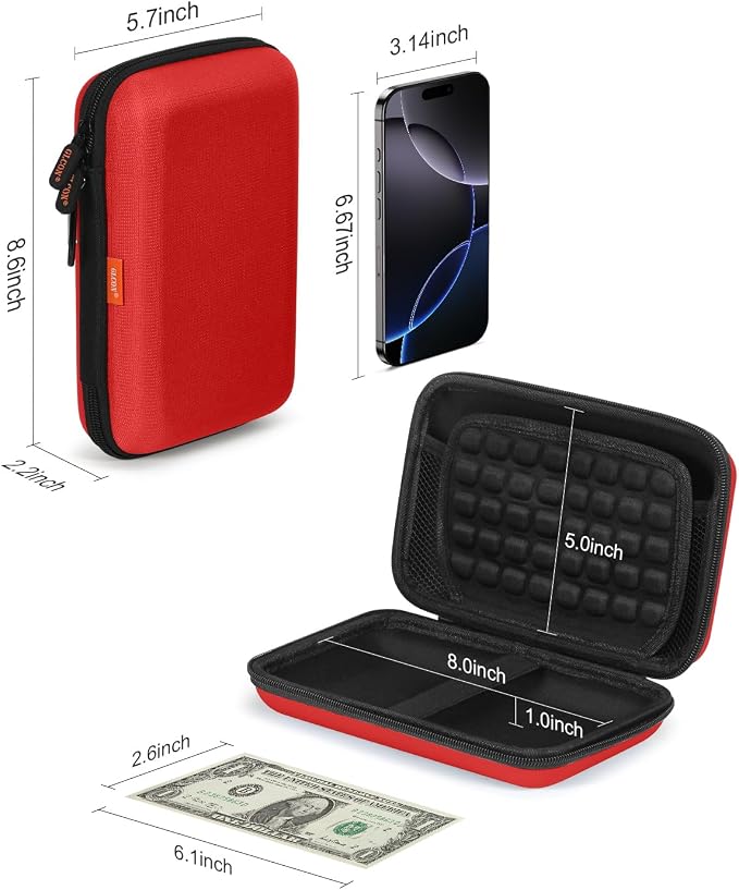 Pure-Red Shockproof Hard Shell Carrying Case for Portable External Hard Drive, Power Bank, Charger, Seagate Game Drive, Cell Phone, Electronic, Women Accessories - Large Storage Pouch Travel Bag - Image 3