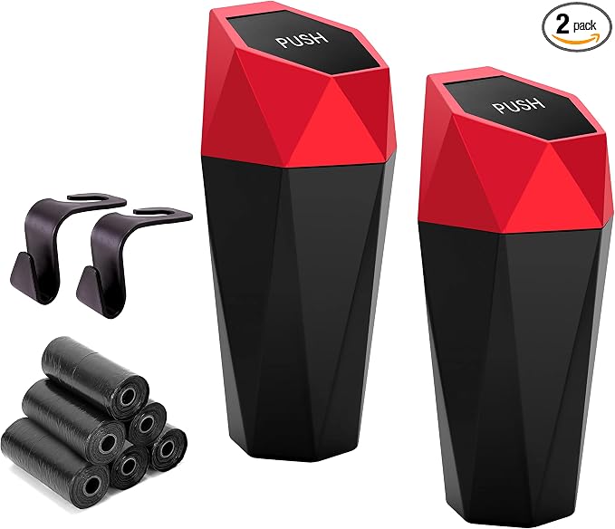 Ginsco Car Trash Can Cup Holder, 2 Pack Mini Car Trash Can with Lid, Car Accessories for Interior, Leakproof Small Trash Cup for Car, Home with Additional 2 ABS Hooks and 90pcs Trash Bags Red by Ginsco