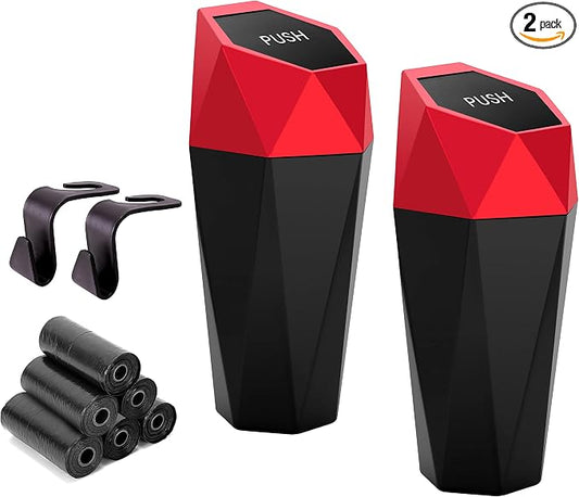 Ginsco Car Trash Can Cup Holder, 2 Pack Mini Car Trash Can with Lid, Car Accessories for Interior, Leakproof Small Trash Cup for Car, Home with Additional 2 ABS Hooks and 90pcs Trash Bags Red by Ginsco