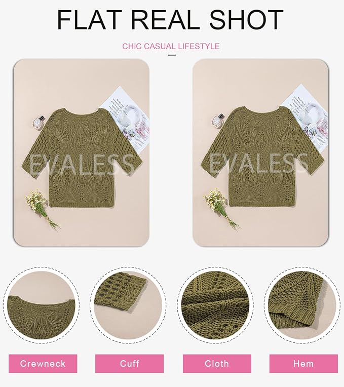 EVALESS Womens Crochet Hollow Out Knit Tops Half Sleeve Spring Summer Sweaters Beach Cover Ups for Women Trendy 2026 - Image 5