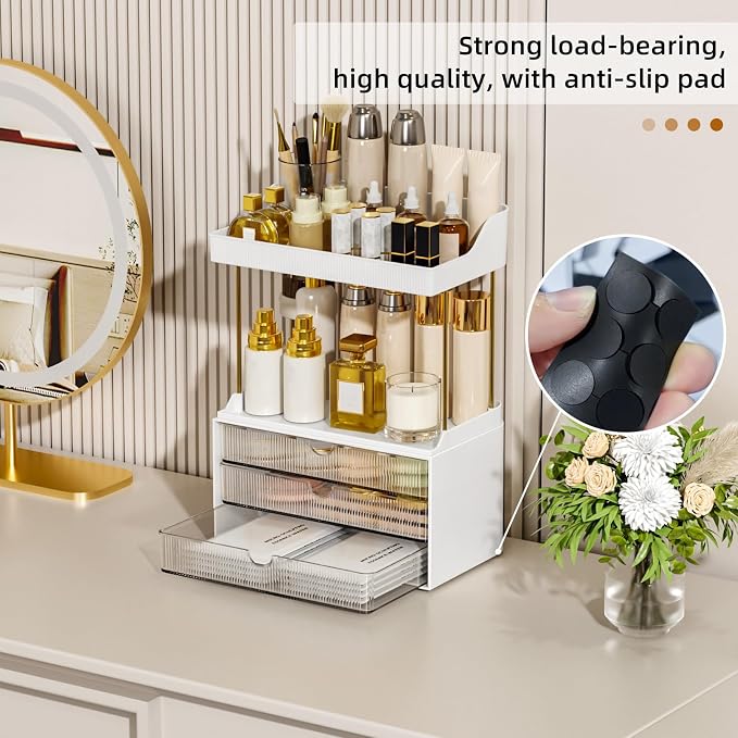 StorBin Arcylic 5-Tier Makeup & Skincare Organizer for Vanity, Bath | Smooth 3 drawers, clear body, gold frame, non-slip, for perfumes, serums, face masks, palettes, vanity & bath counter,Clear - Image 4