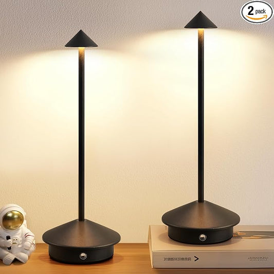 Modern Cordless Table Lamp Set of 2, Black Portable LED Desk Lamps | 5000mAh, Rechargeable, Battery Operated Lighting for Bedroom, Dining Room, Restaurant, Coffee Shop, Camping, Night Light by NEWSEE