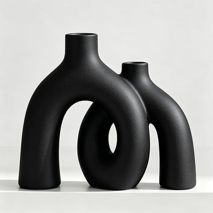 Matte Black Vase Set - Hug Hollow Donut Aesthetic Ceramic Vases Home Decor, Modern Nordic Minimalist Decorative Vase for Table Centerpiece Bookshelf Office Entryway Console Fireplace (Black) by Jonronboci