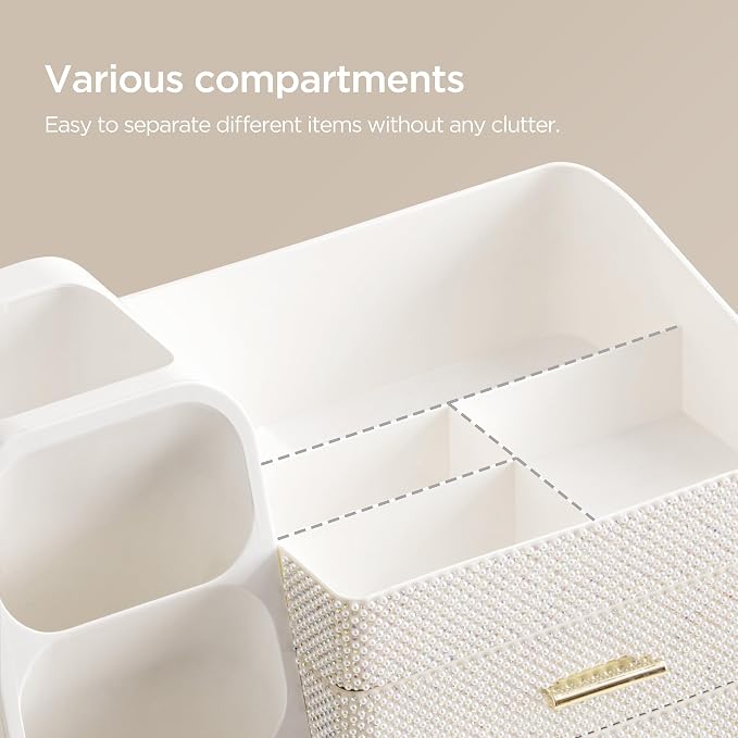 HBlife Makeup Organizer with Brush Holder for Vanity, Large Plastic Bathroom Countertop Organizer Skin Care Storage, Easy to Store Nail Polishes, Perfumes, Eyeshadow Palettes, Pearl All White - Image 5