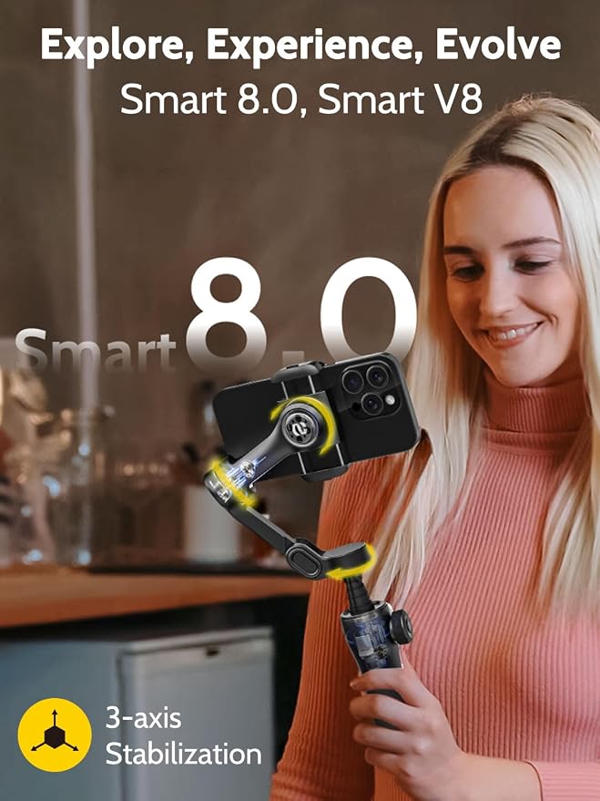 AOCHUAN 3-axis Gimbal Stabilizer for iPhone w/Built-in 7.8' Extension Rod, Smartphone Gimbal w/AI Tracking, Portable Phone Holder for iPhone & Android w/Full-Screen OLED Display, Smart V8(Black) - Image 2