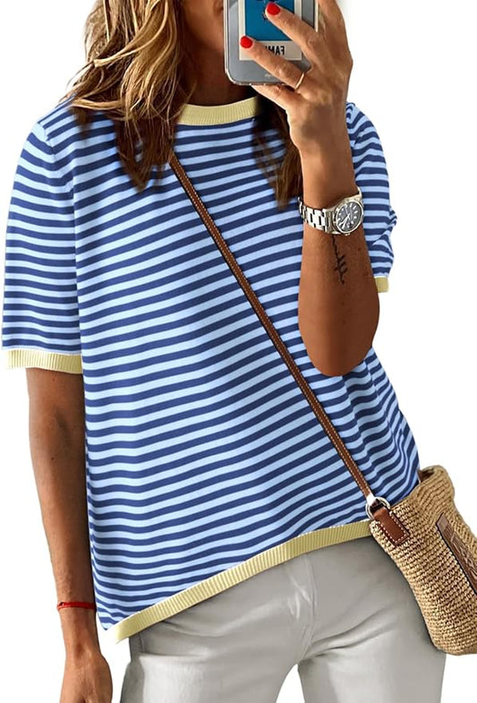 Dokotoo Womens Tops 2026 Casual Summer Crewneck Short Sleeve Striped Color Block Knit High Low Trendy Pullover Sweaters by Dokotoo