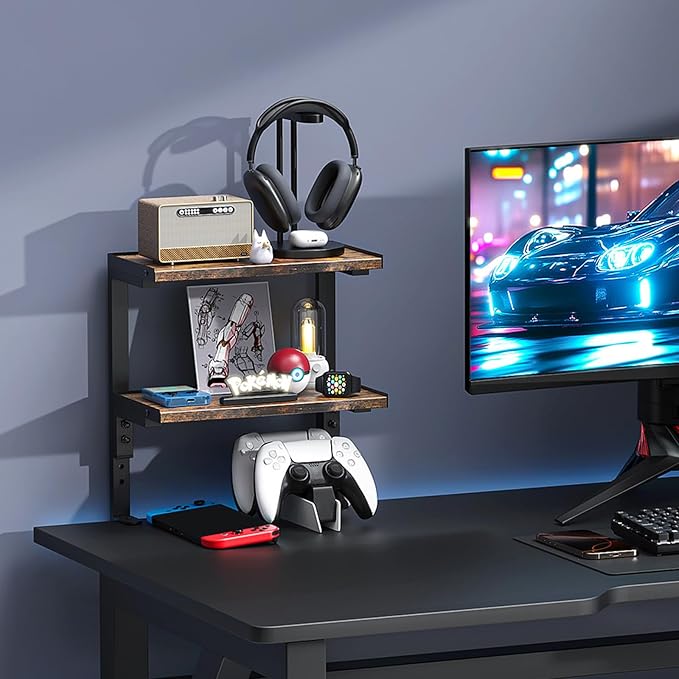 2-Tier Desk Shelf | Desk Organization Expandable Clamp on Desk Shelf Desktop Accessories for Offices and Game Rooms (Wood) - Image 4