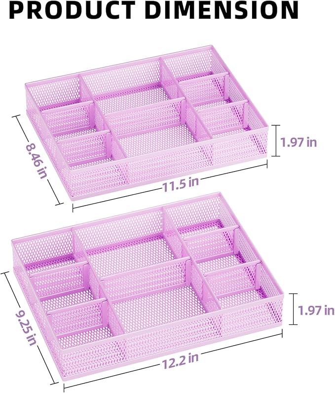 Marbrasse 2 Pack Desk Drawer Organizer, Mesh Drawer Organizer Tray with 8 Adjustable Compartments, Desk Organizers and Accessories, 5 Dividers Drawer for Office Supplies, Makeup & Vanity (Purple) - Image 5
