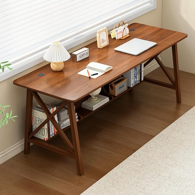 NELYE Extra Long Writing Desk with Bookshelf, 63" Wx24 Dx30 H, Walnut | Wooden Home Office Work Study Table, Computer Gaming Workstation with Storage Shelf, Sturdy MDF Resists Wobble by NELYE