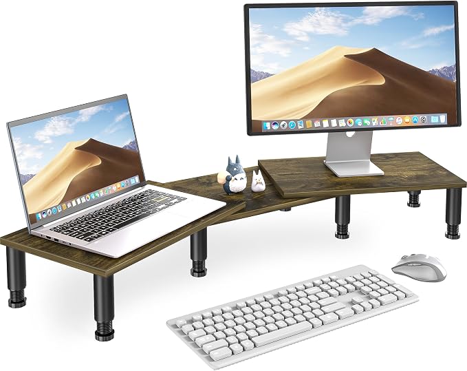 AX WABER Dual Monitor Stand Riser, Monitor Stand with Adjustable Length and Angle, Wood Monitor Stand for Desk, Monitor Riser for 2 Monitors with Storage Space by 1