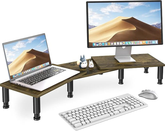 AX WABER Dual Monitor Stand Riser, Monitor Stand with Adjustable Length and Angle, Wood Monitor Stand for Desk, Monitor Riser for 2 Monitors with Storage Space by 1