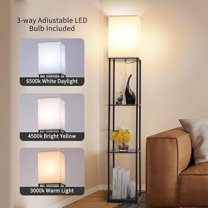Gupuzm Floor Lamp with Shelves, Modern Square Standing Lamp with 3 Color Temperature Bulb, Corner Display Bookshelf Lamp for Living Room, Bedroom and Office (Black-2 Pack) - Image 2