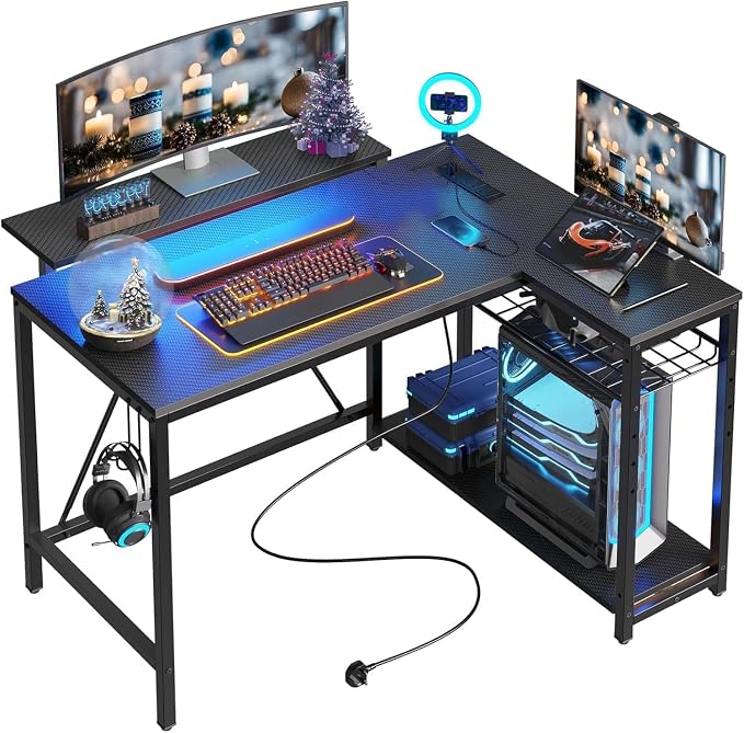 Bestier 42-Inch L-Shaped Computer Desk with Charging & LED, Black | Charging 2AC+USB+Type-C, RGB LED Strip, Reversible Shelves, Monitor Stand, Headphone Hook, Cable Mgmt, Small Space by Bestier