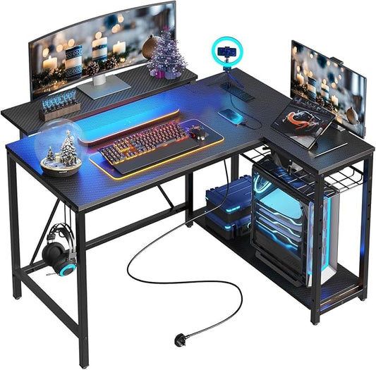 Bestier 42-Inch L-Shaped Computer Desk with Charging & LED, Black | Charging 2AC+USB+Type-C, RGB LED Strip, Reversible Shelves, Monitor Stand, Headphone Hook, Cable Mgmt, Small Space by Bestier