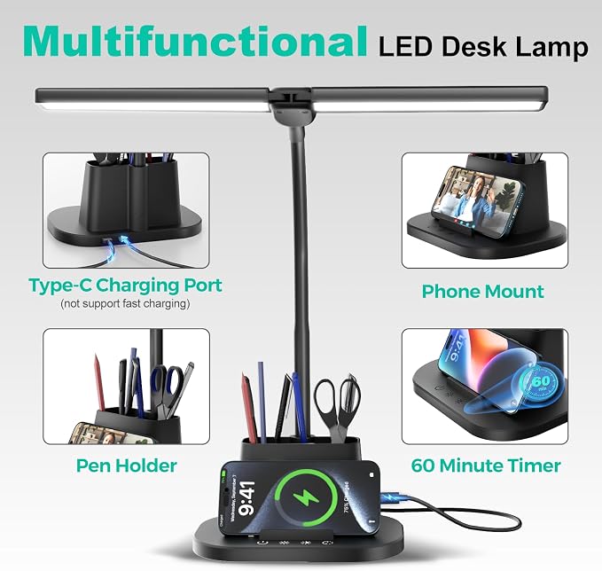 Desk Lamp with USB-C Charging Port and Organizer Base, LED Desk Light with Pen Holder, Phone Stand, 25 Lighting Modes, Flexible Gooseneck Touch Lamp for Home Office, Study Desk, College Dorm Room - Image 3