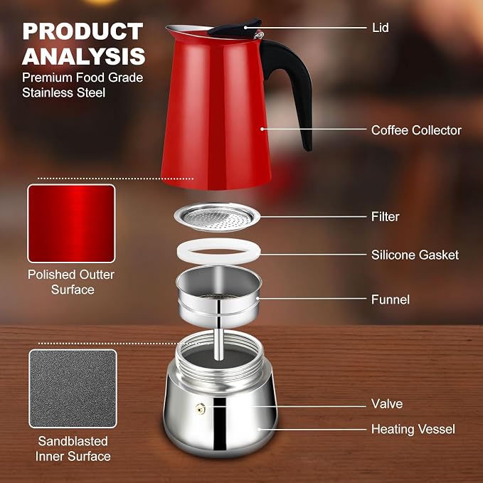 6 Cup Stovetop Espresso Maker Stainless Steel Moka Pot Stove Top Percolator Italian Coffee Makers Capable Mocha Greca Machine Cafe Classic Induction Cookers for Home and Camping 300ml 10oz - Image 4