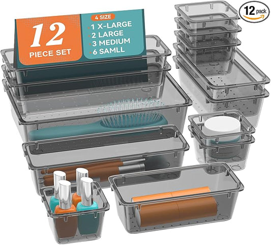 12 PCS Drawer Organizer Set, Makeup Organizers, Tool Storage Trays, Black | 4 Sizes, Plastic, Stackable, Multiple Gadgets, Desk Drawer Divider Organizers, for Makeup, Office Supplies Storage by Unknown