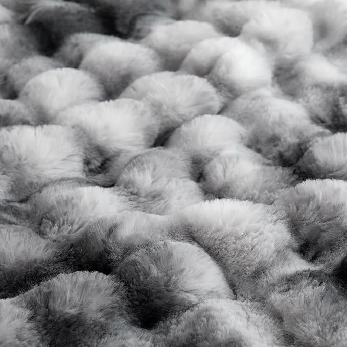 COOVA Faux Fur Throw Blanket for Couch, Cozy Soft and Fuzzy Plush Rabbit Fur Bubble Blanket for Sofa Bedroom Living Room, 50x60 Inches Tie Dye Light Grey - Image 5