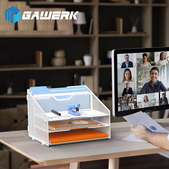 GAWERK Letter Tray Organizer, Mesh Desk File Organizer with 3 Paper Trays and 2 Vertical Upright Section (White) - Image 6