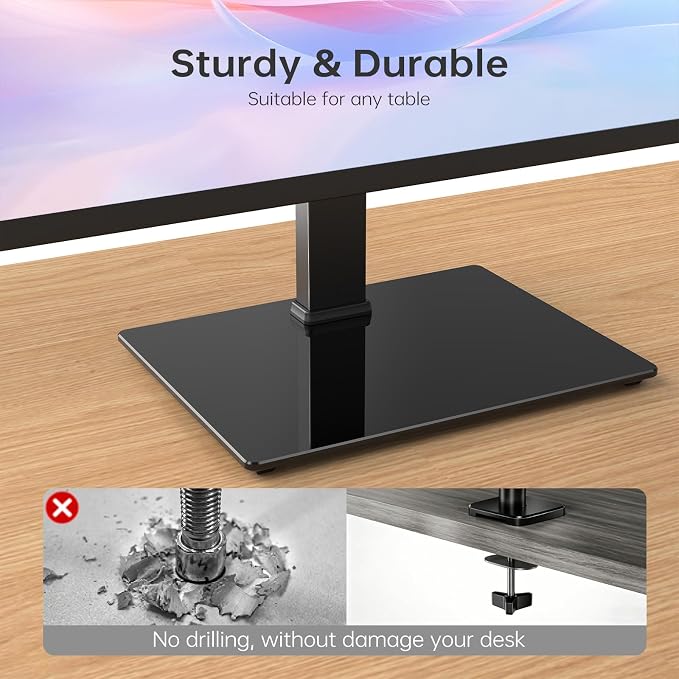 Vertical Dual Monitor Stand for 13-32 Inch Monitors, No Clamp, Freestanding | Supports 44 lbs/Arm | Tempered Glass Base | ±25° Swivel | -5° to +10° Tilt | 8 Height Options | VESA 75×75/100×100 mm - Image 7