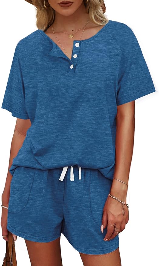 WIHOLL Two Piece Outfits for Women Lounge Sets Button Down Top and Shorts Set Sweatsuits with Pockets - Image 3
