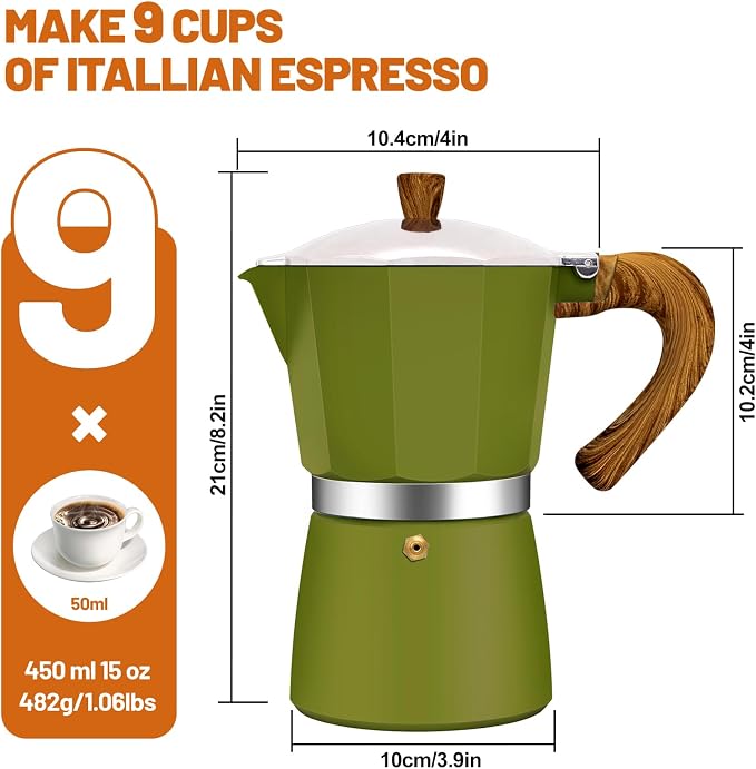 9 Cup Aluminum Espresso Stovetop Moka Pot Express Coffee Maker Percolator Italian Classic Mocha Coffee Machine for Italian and Cuban Cafe Brewing for Home & Camping 450ml 15oz - Image 2