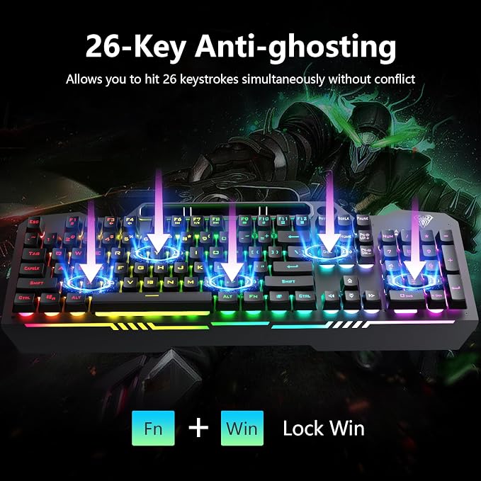 AULA Gaming Keyboard, T102 104 Keys Gaming Keyboard and Mouse Combo with RGB Backlit, All-Metal Panel, Anti-Ghosting, PC Game Keyboard and Mouse, USB Wired Keyboard Mouse for MAC Xbox PC Gamers - Image 4