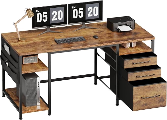 Maihail Small Desk with Drawers, Office Desk with Storage Shelves, Brown2 | 59 Inch Desktop, Metal Frame, 3 Fabric Drawers, Storage Shelves, Computer & Writing Desk, Office Gaming Workstation - Image 3
