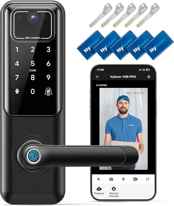 WiFi Video Smart Door Lock with Camera & Doorbell, Keyless Entry Fingerprint Lock with Handle for Front Door, Nyboer Keypad Electronic Digital with Rechargeable Lithium Battery, Easy Installation by Nyboer