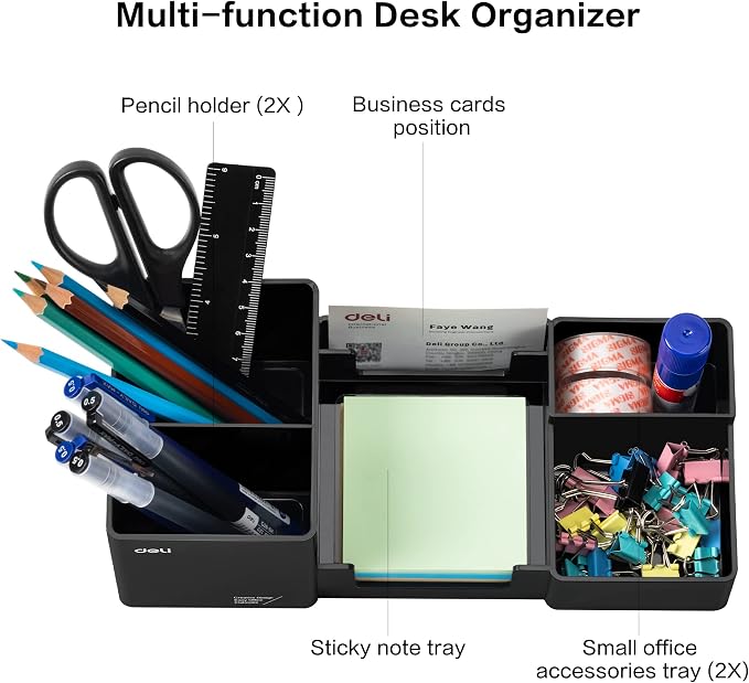 deli Desk Organizer, Plastic Desktop Organizer with Pencil Holder and Sticky Note Tray, Office Stationery Supplies Organizers Accessories Caddy, 6 Compartments, Black - Image 3
