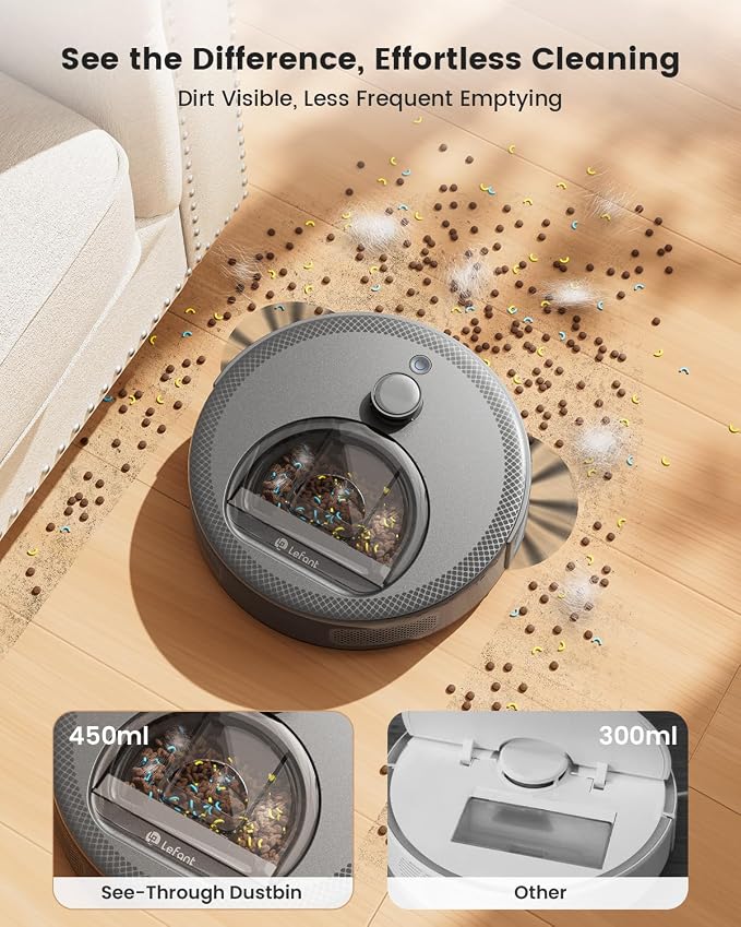 Lefant Robot Vacuum and Mop, Upgraded LiDAR Navigation, 450ml Visible Dustbin, Strong Suction, Multi-Floor Mapping, Self-Charge, WiFi/Alexa/APP, Multi-Surface Cleaning, M330 Pro Grey - Image 6