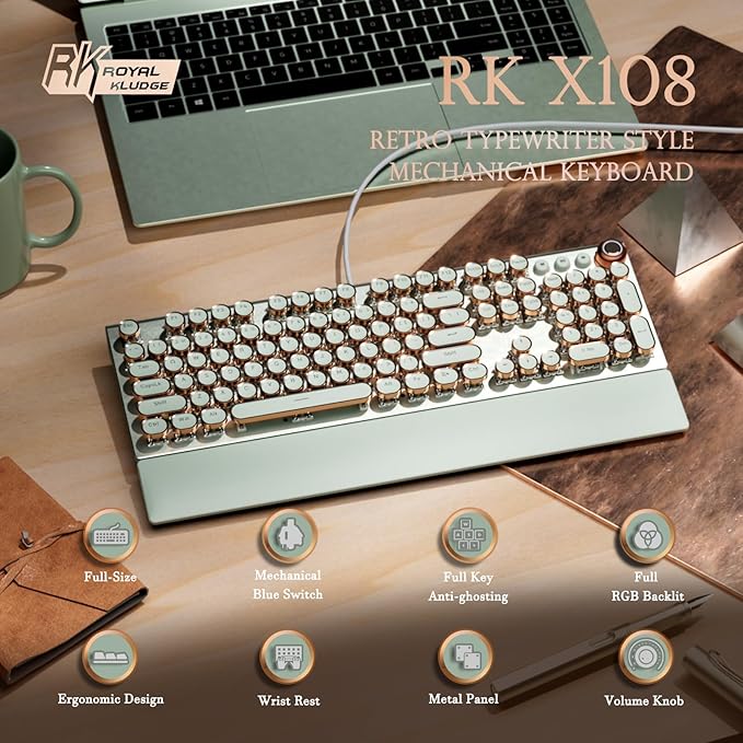 RK ROYAL KLUDGE X108 Typewriter Style Mechanical Keyboard, Wired Gaming Keyboard 108 Keys RGB Backlit Sidelight, Detachable Wrist Rest, Volume Knob, Retro Round Keycaps Blue Switches - Green - Image 2