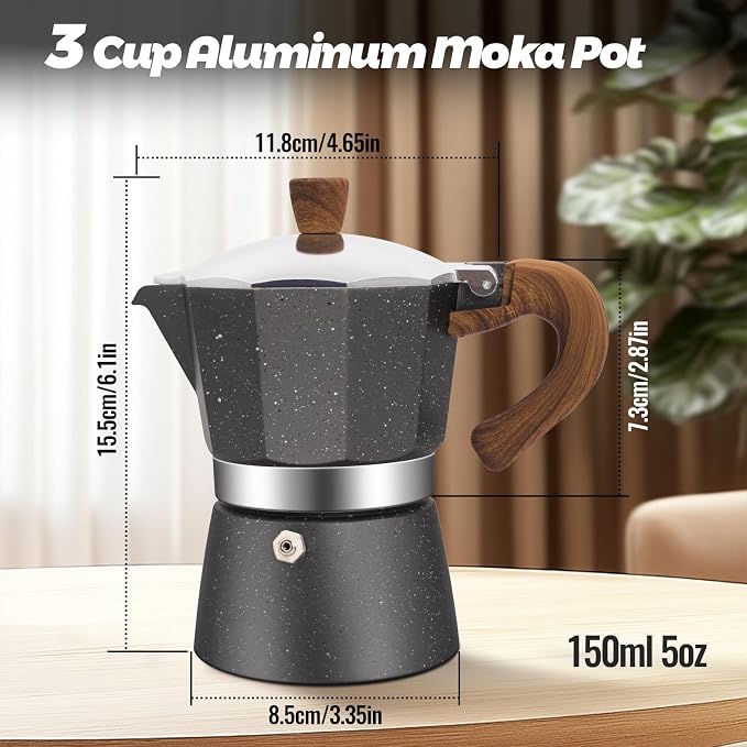 3 Cup Aluminum Moka Pot Classic Stovetop Espresso Coffee Maker 150ml 5oz Coffeemaker Percolator Mocha Pot Greca Coffee Maker Cafe Makers for Italian and Cuban Café Brewing Gray - Image 2