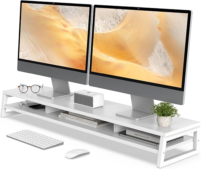 Fenge Dual Monitor Stand for Desk, 42.5in Large Monitor Riser for 2 Monitors, 2 Tier Computer Office Desk Top Shelf, Desktop Storage Stand for Laptop, PC, Computer, Printer by Fenge