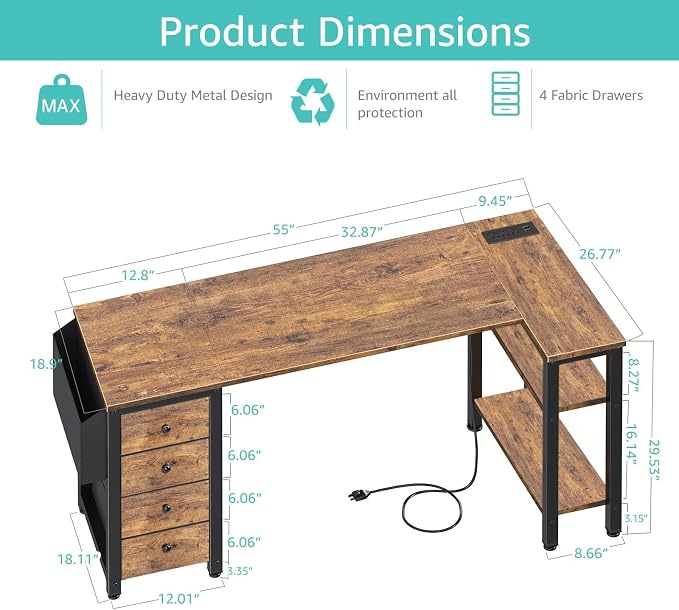Lufeiya L Shaped Computer Desk with Drawers & Storage Shelves, 55 Inch Corner Desk with Power Outlet for Home Office Bedroom, L-Shaped Teen PC Gaming Desks with Fabric Drawer, Rustic Brown - Image 3