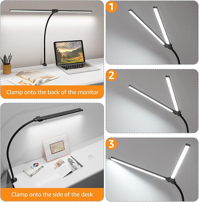 ShineTech LED Desk Lamp for Home Office, Ultra Bright Clamp Light with Flexible Gooseneck, 25 Lighting Modes, Eye-Caring Architect Lamp for Dual Monitors, Reading & Gaming Setup - Image 6