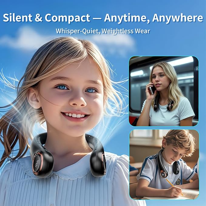 BNBZ Portable Neck Fan, 6000mAh Rechargeable Fan Blows Cold Air with LED Display, 4 Speeds, 20H Runtime, Quiet Wearable 360° Personal Cooling Fan for Outdoor Travel Work Gym,Fireplace Fans - Image 6