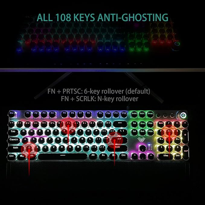 AULA F2088 Typewriter Style Mechanical Gaming Keyboard Wired,Blue Switches,Rainbow LED Backlit,Removable Wrist Rest,Media Control Knob,Retro Punk Round Keycaps,USB Wired Computer Keyboard - Image 6