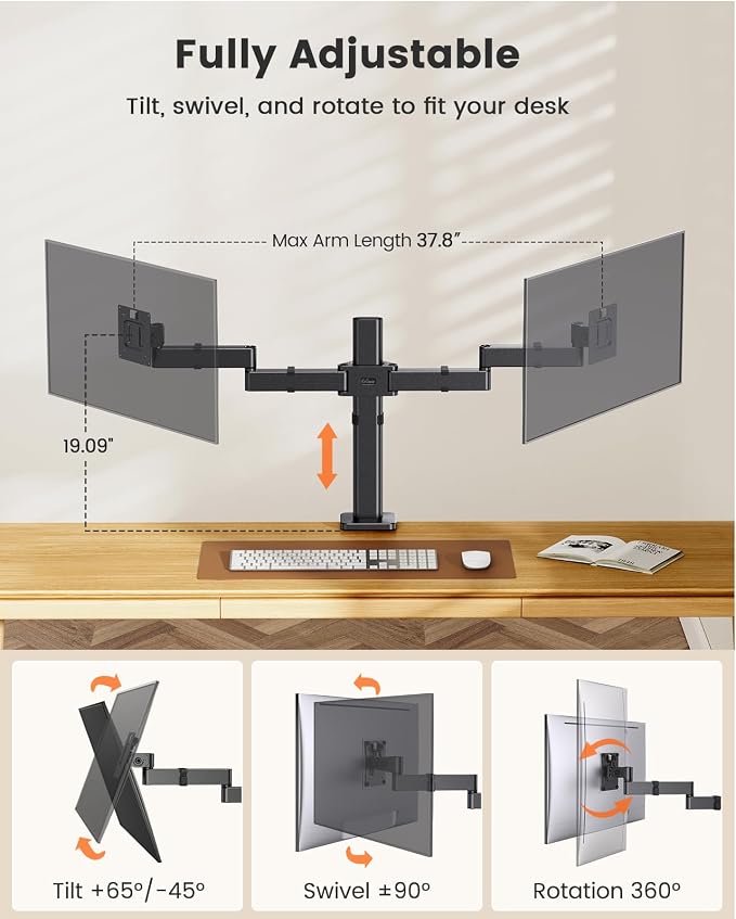 ErGear Dual Monitor Stand for 17-32 inch, Dual Monitor Mount with Adjustable Tilt, Swivel, Rotation, Tiered Arms for Extra Height, Supports 22 lbs per Arm - Image 5