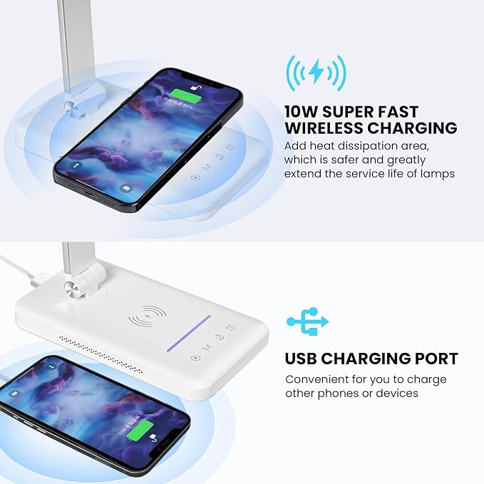 LED Desk Lamp with Night Light, Fast Wireless Charger, USB Charging Port, 10 Brightness, 5 Color Modes, Dimmable Bedside Table Lamp for Bedroom, Touch Control, Auto Timer, 1200Lux Super Bright - Image 2