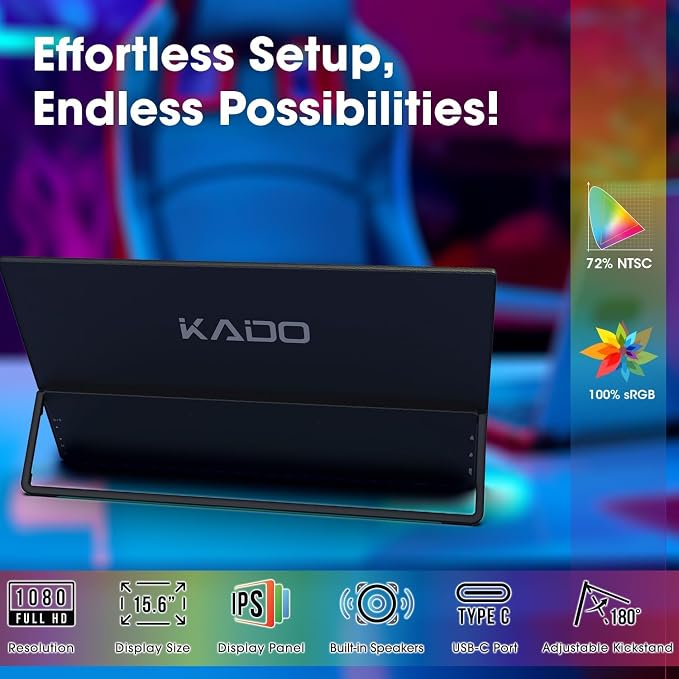 Kado 15.6" 1080p 75Hz Portable Monitor for Laptop, 100% sRGB Second Display | FHD 45W Reverse Charge HDMI USB-C IPS Laptop Screen Extender, 180° Kickstand for PC, Mac, Dex, Tablet, Xbox, PS4/PS5, Switch - Image 2