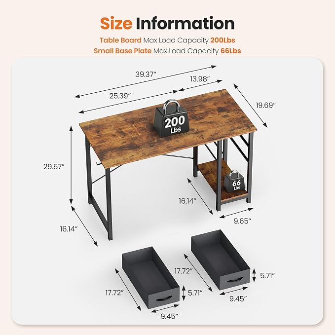 Sweetcrispy 40-Inch Computer Desk with Drawers, Office Desk, Brown | Small Desk for Bedroom Home Office with Side Hook, Modern Simple desk with storage for Writing - Image 3