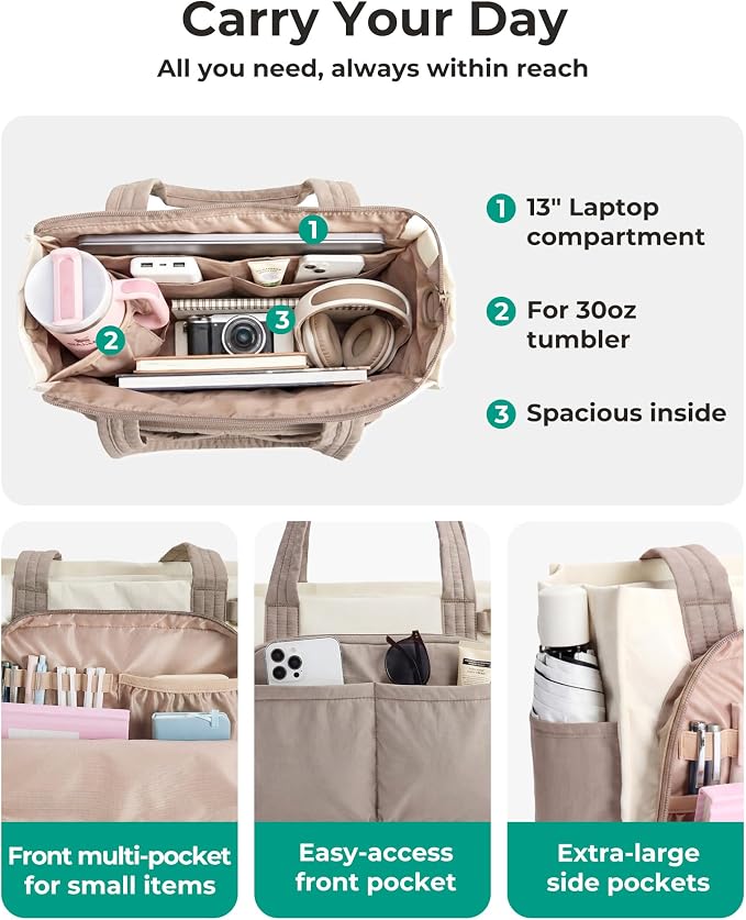 BAGSMART Small Tote Bag for Women, 13'' Laptop Canvas Work Bag with Zipper | 30oz/40oz Tumble & 11 Pockets Travel Tote, Teachers/Nurses, Lightweight Canvas or Water-Resistant Puffer Taslon Crossbody Bag - Image 5