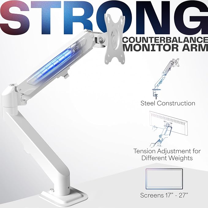 VIVO Heavy Duty Single Monitor Tension Arm for up to 27 inch Screens, Holds 14.3 lbs, Premium Desk Mount Stand, White, STAND-V101OW - Image 3