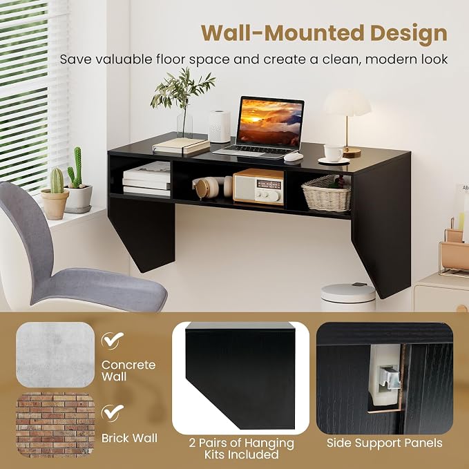 Giantex Wall-Mounted Computer Desk, Floating Laptop Desk with 3 Storage Compartments, Space-Saving Home Office Workstation Vanity Table for Bedroom, Study, Living Room (Black) - Image 6