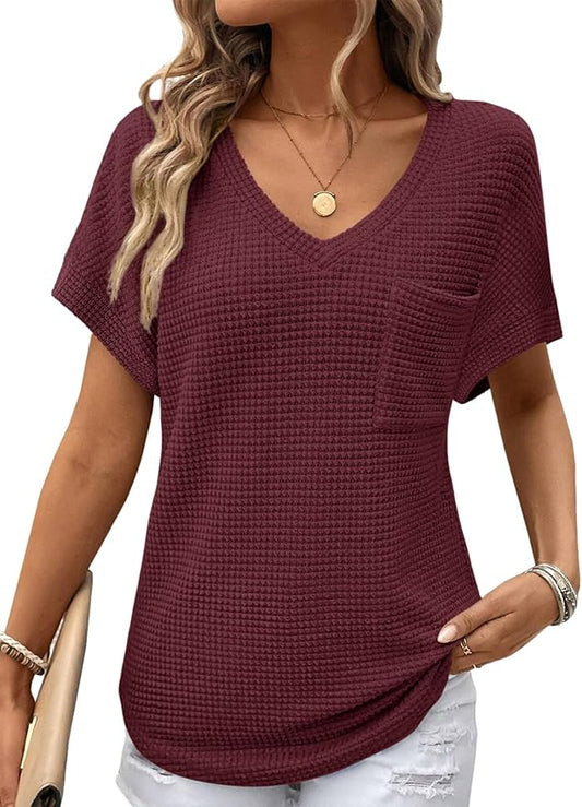 Dokotoo Womens Waffle Knit Tops 2026 Spring Summer V Neck Shirts Casual Trendy Women's Blouses Basic Tee by Dokotoo
