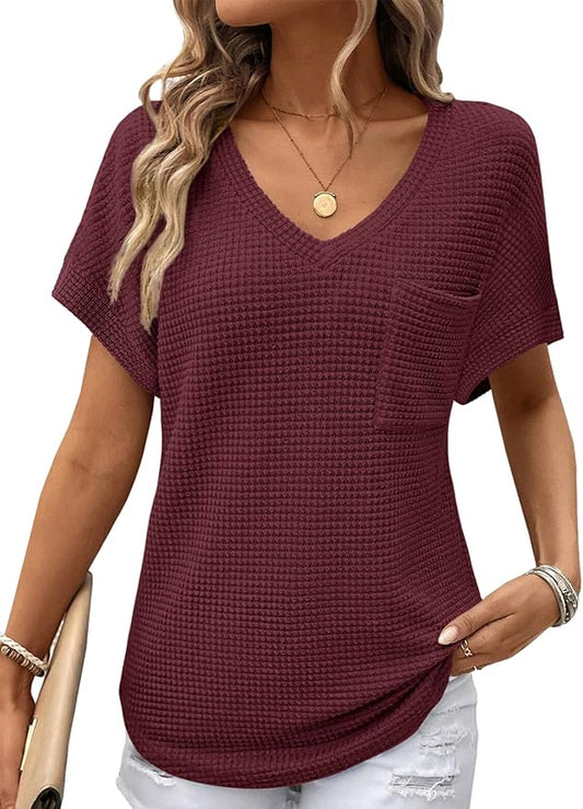 Dokotoo Womens Waffle Knit Tops 2026 Spring Summer V Neck Shirts Casual Trendy Women's Blouses Basic Tee by Dokotoo